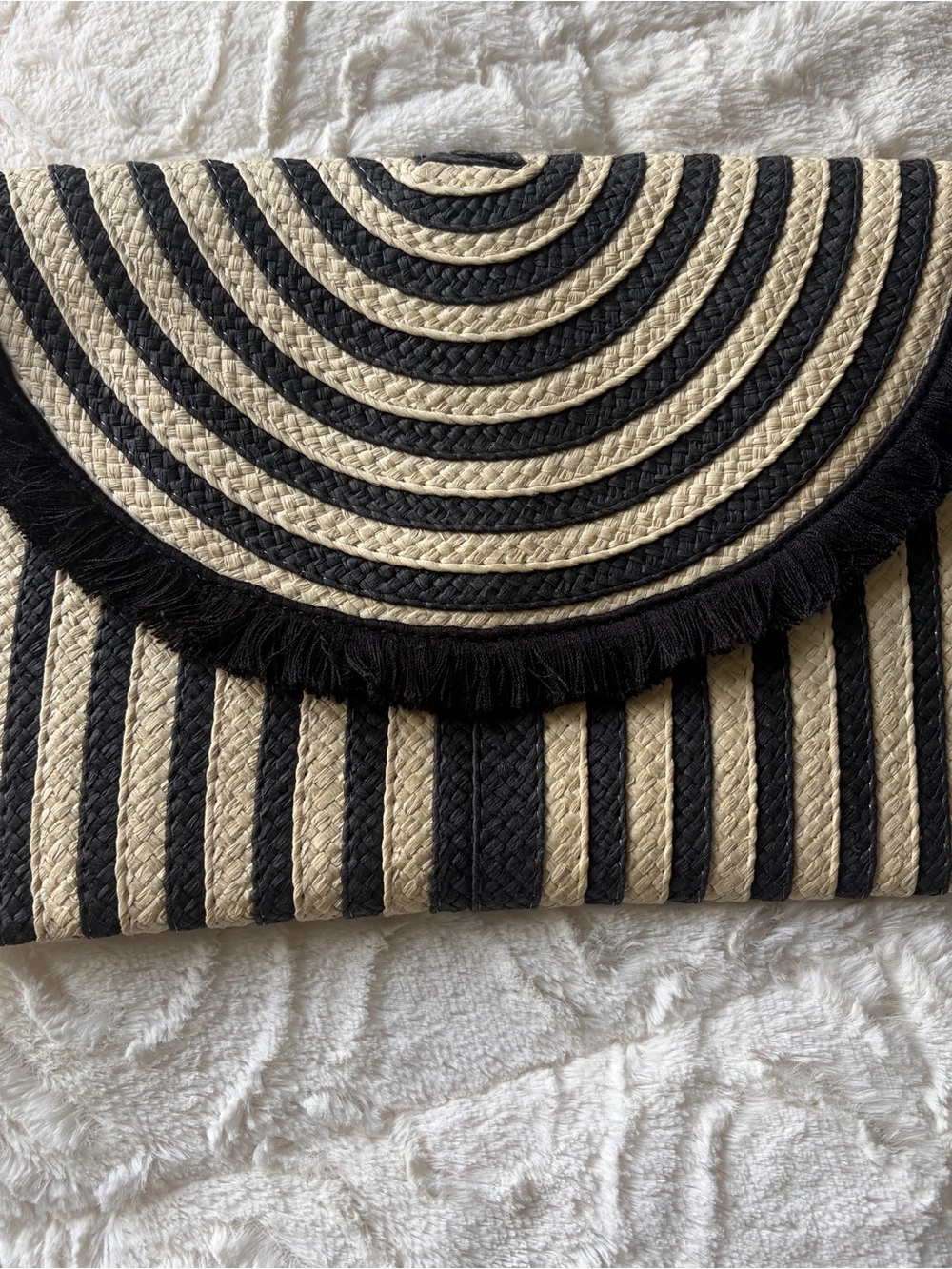 Woven Black and Cream Straw Geometric Clutch - Elegant Envelope Bag